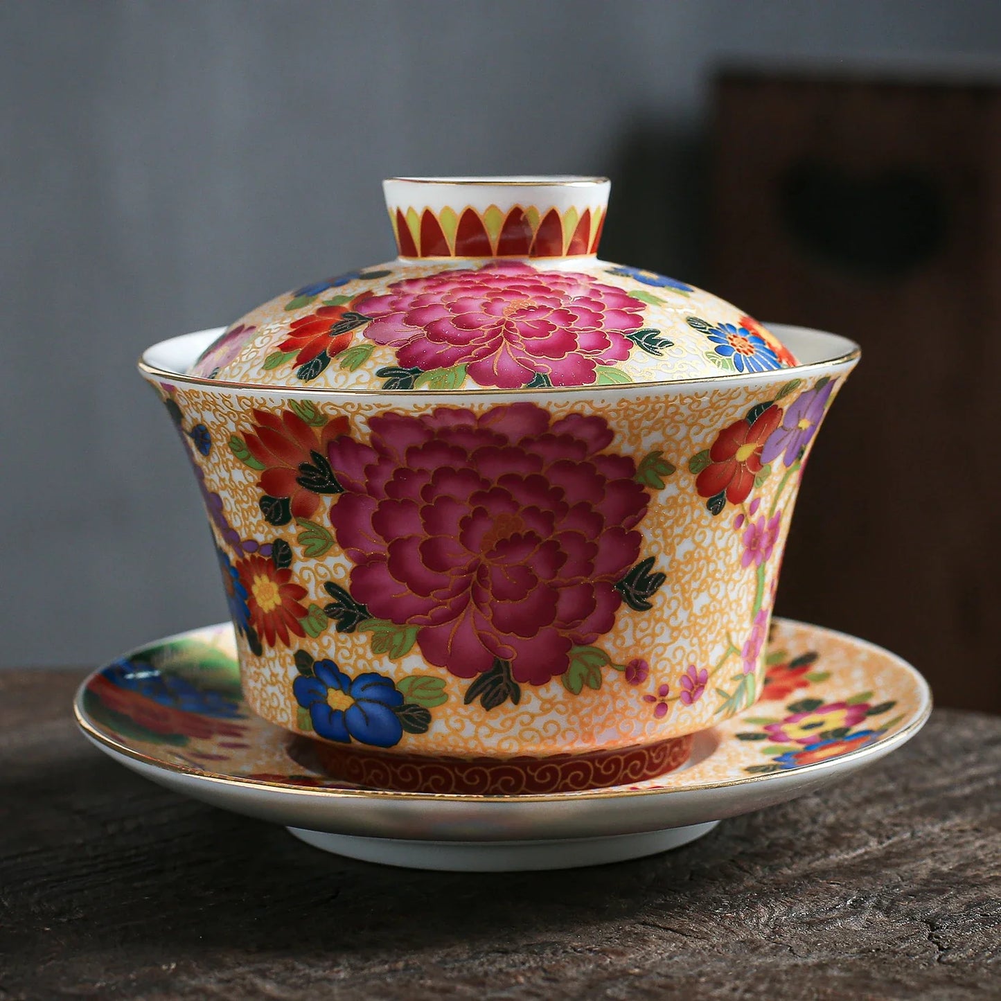 Handmade Chinese Porcelain Gongfu Tea Peony Gaiwan 200ml