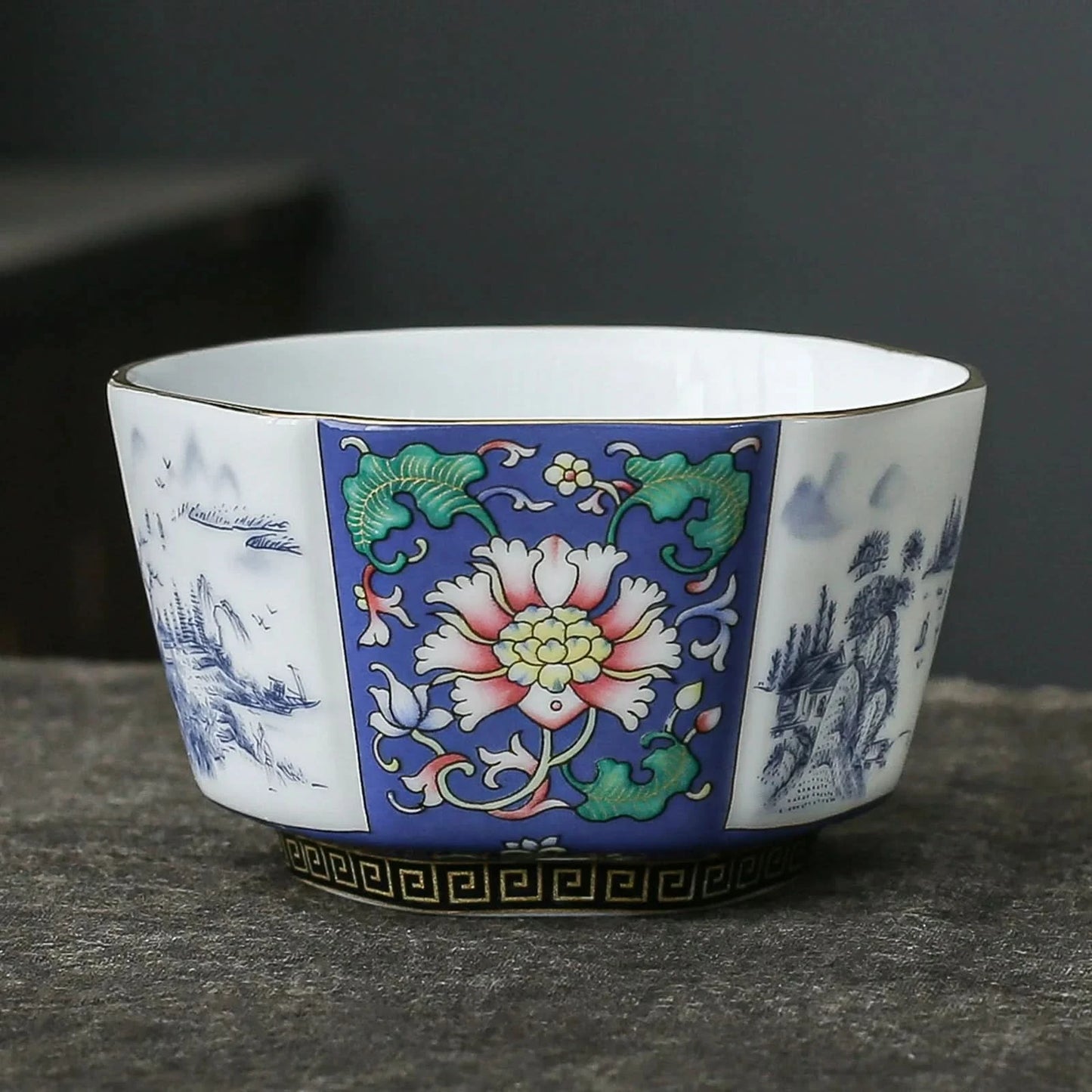 Handmade Enamel Glossy Glaze Chinese Ceramic Octagonal Teacup 100ml