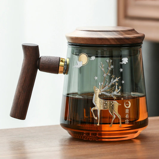 Handmade Glass Office Tea Mug 450ml with Strainer Lid Wood Handle