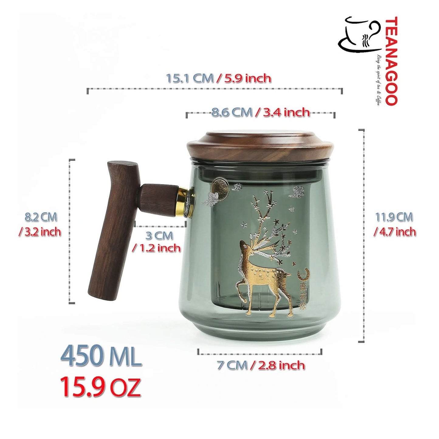 Handmade Glass Office Tea Mug 450ml with Strainer Lid Wood Handle