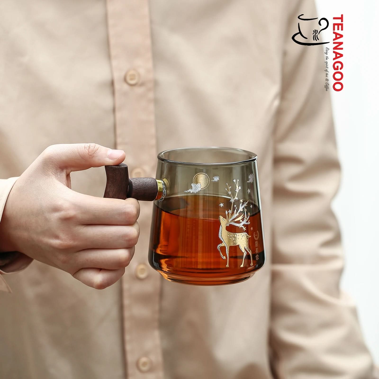 Handmade Glass Office Tea Mug 450ml with Strainer Lid Wood Handle