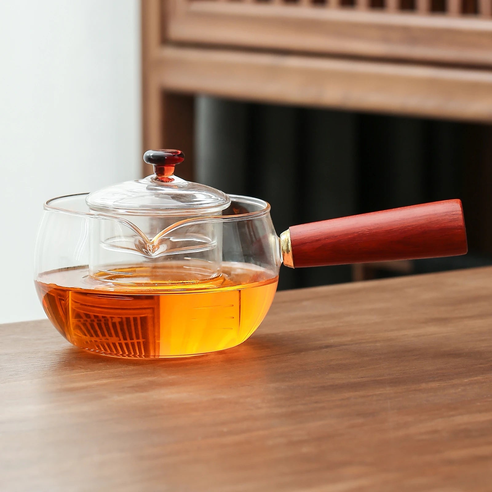 Handmade Heat Resisting Herbal Tea Glass Teapot with Rosewood Handle