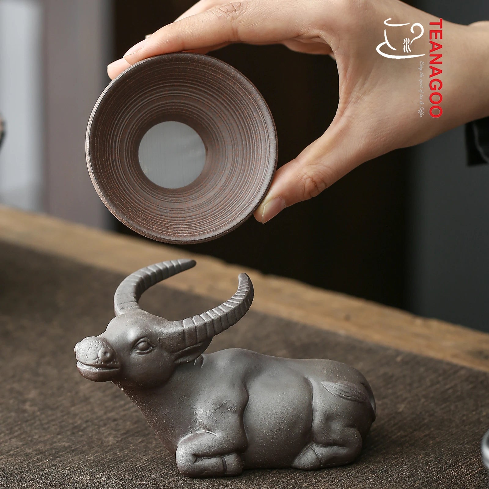 Handmade Pottery Gongfu Tea Strainer with Clay Ox Pet Teaware