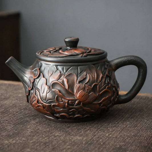 Handmade Purple Pottery Teapot 190ml with Handcarved Lotus