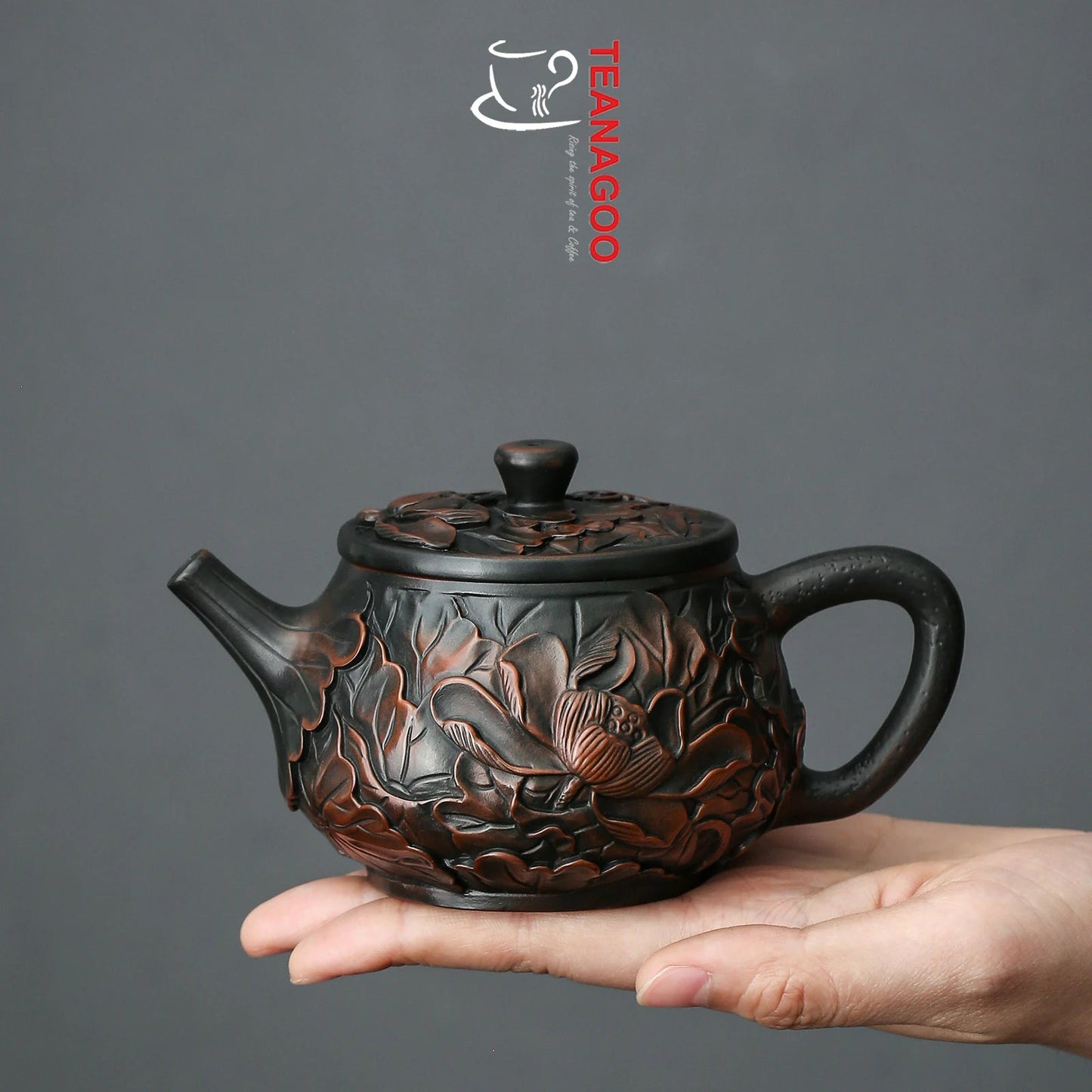 Handmade Purple Pottery Teapot 190ml with Handcarved Lotus