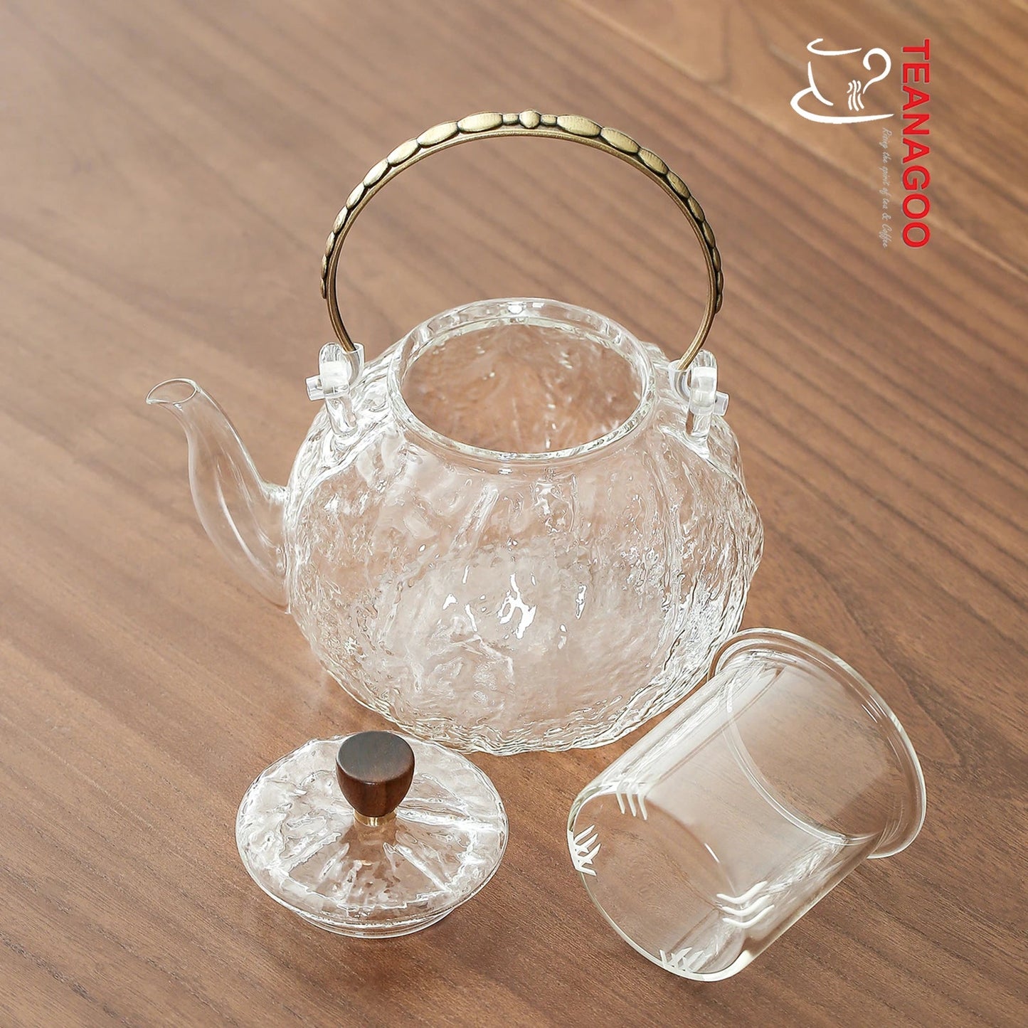 Heat-Resistant Glass Teapot with Infuser Lid and Wood Handle for Loose Leaf Tea and Blooming Tea