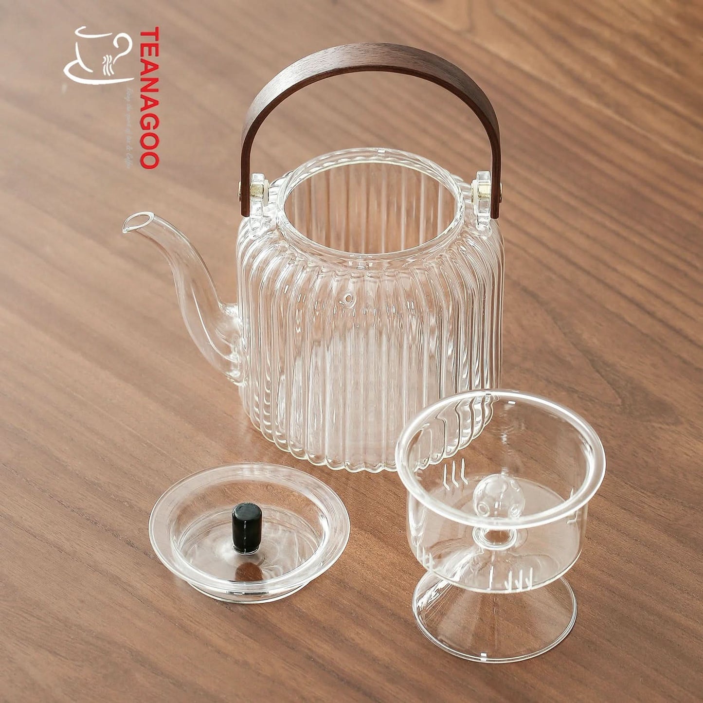 Heat-Resistant Glass Teapot with Infuser Lid and Wood Handle for Loose Leaf Tea and Blooming Tea