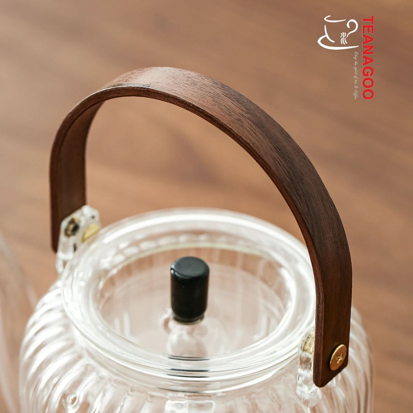 Heat-Resistant Glass Teapot with Infuser Lid and Wood Handle for Loose Leaf Tea and Blooming Tea