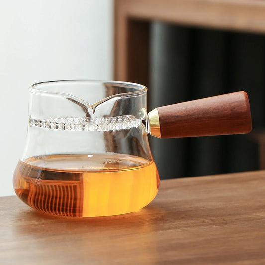 Heat-resistant Glass Fair Cup with Wooden Handle Filter Holes