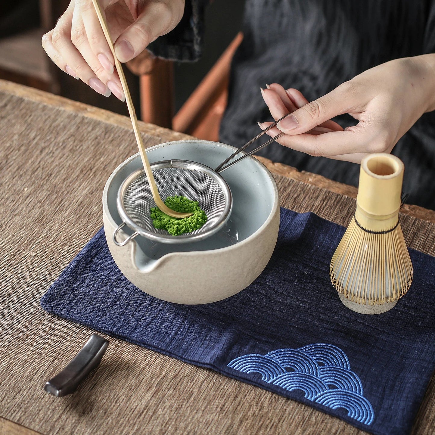 Japanese Ceramic Matcha Bowl with Whisk holder, Pouring Spout design, TG-K12