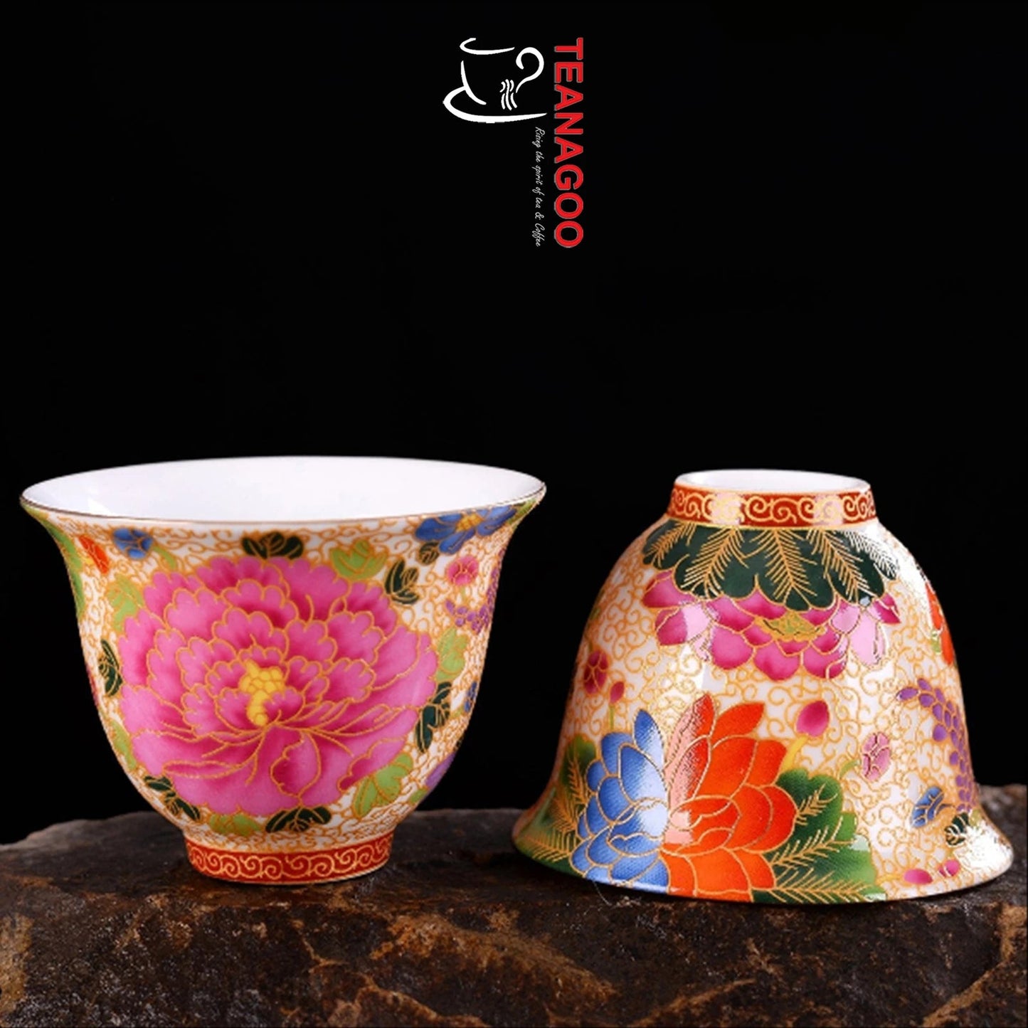 Porcelain Chinese tea cups, Peacock Peony