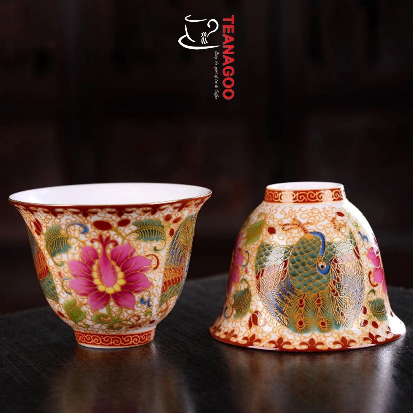 Porcelain Chinese tea cups, Peacock Peony