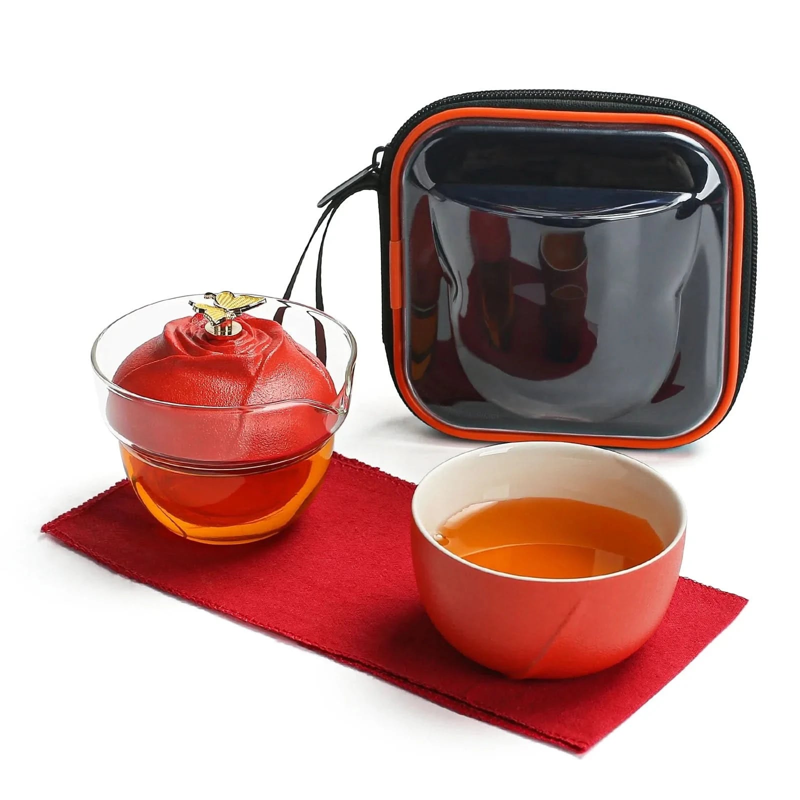 Portable ceramic and glass private red travel tea set with bag