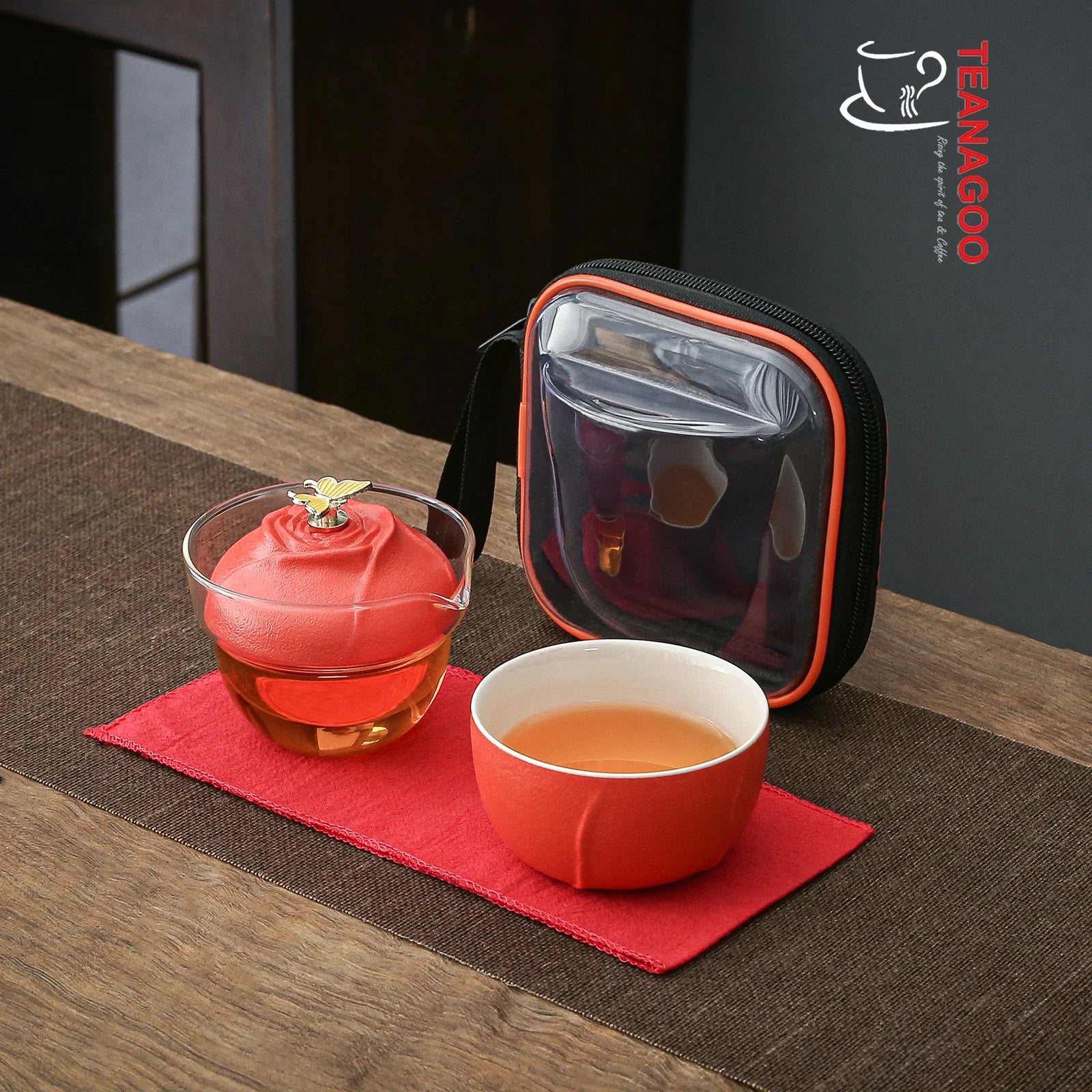 Portable ceramic and glass private red travel tea set with bag