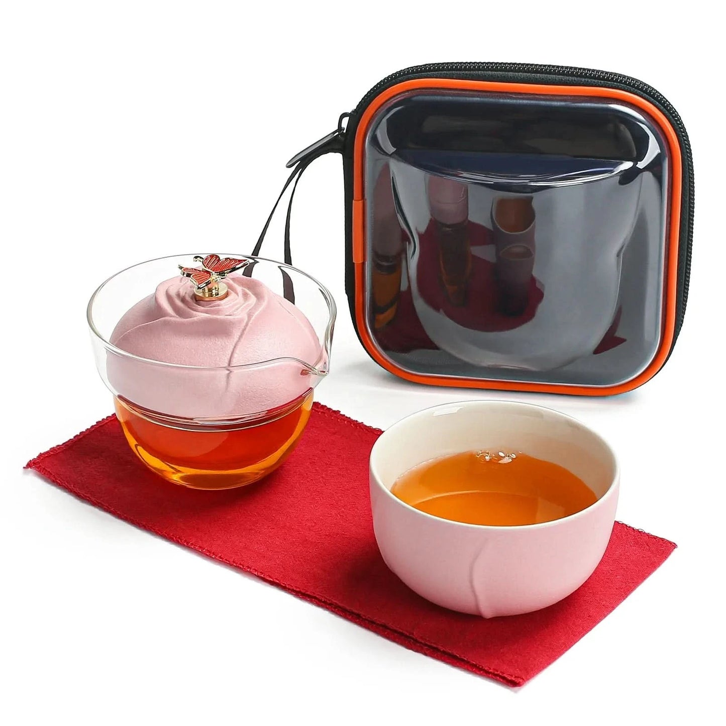 Portable ceramic and glass private travel tea set with carrying bag