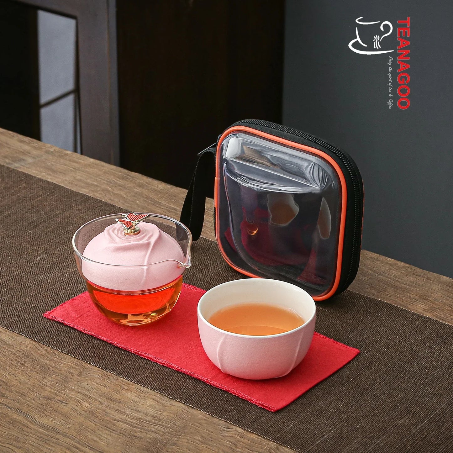 Portable ceramic and glass private travel tea set with carrying bag