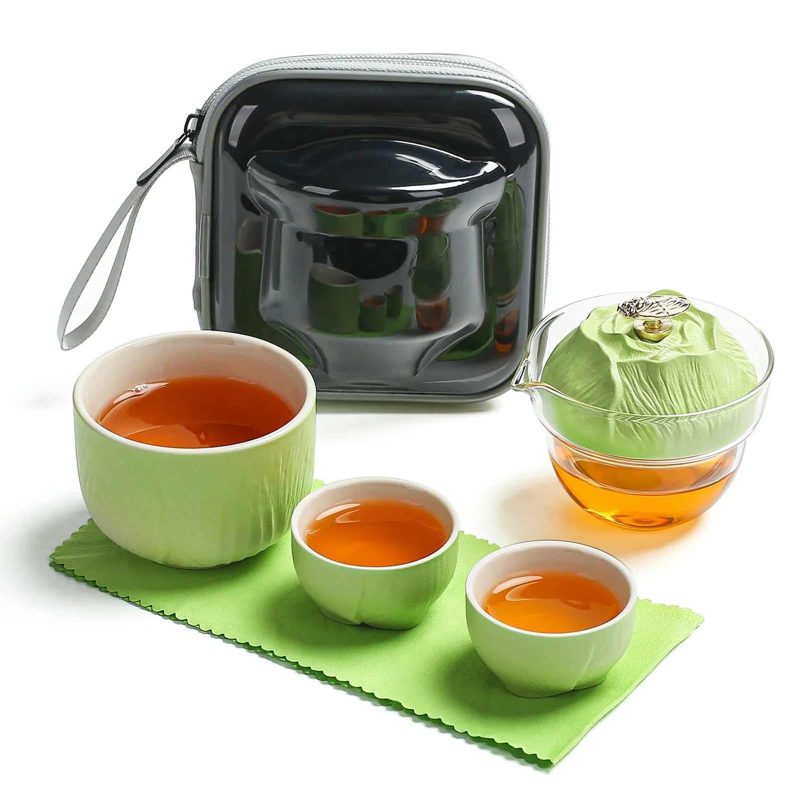 portable ceramic and glass travel tea set with carrying bag
