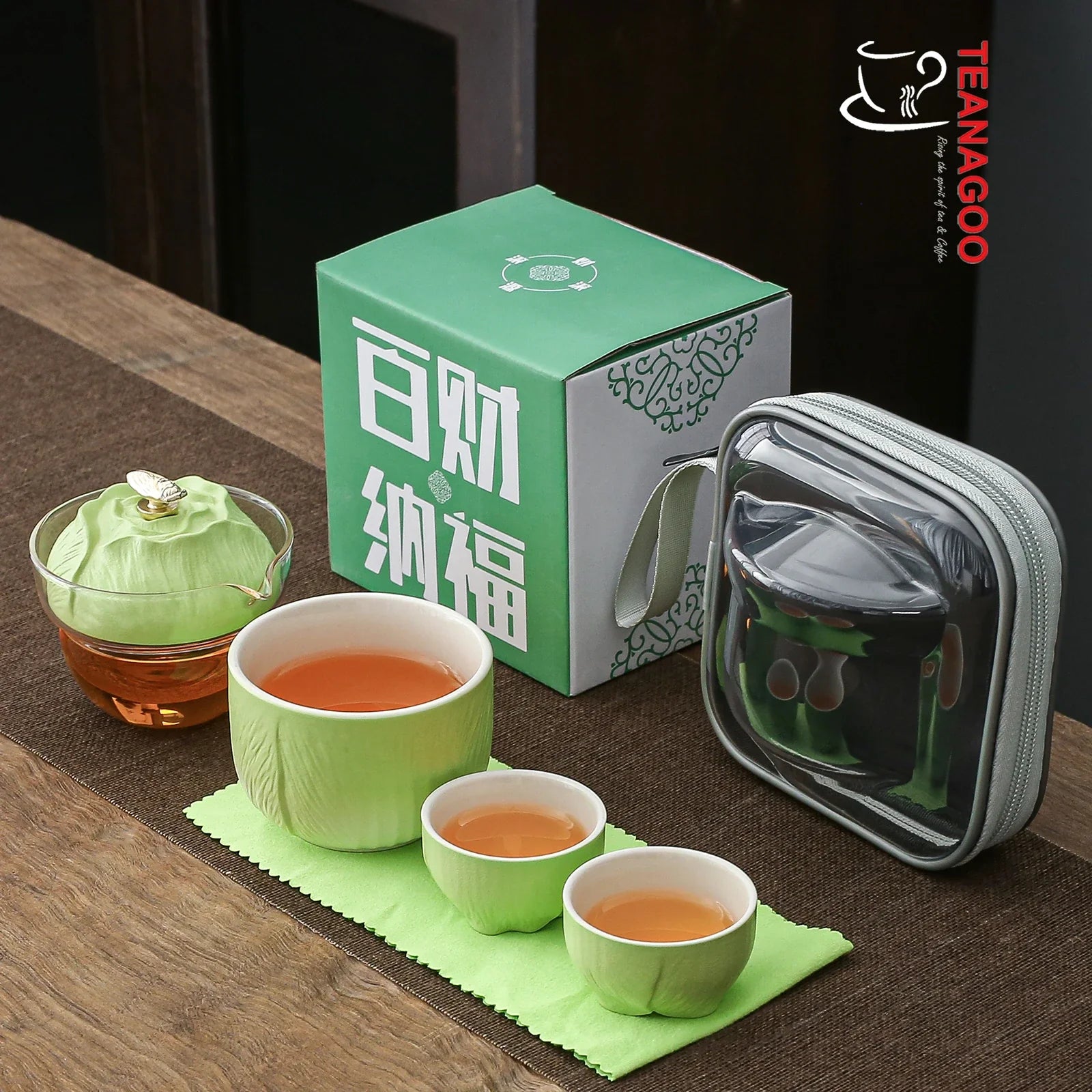 portable ceramic and glass travel tea set with carrying bag