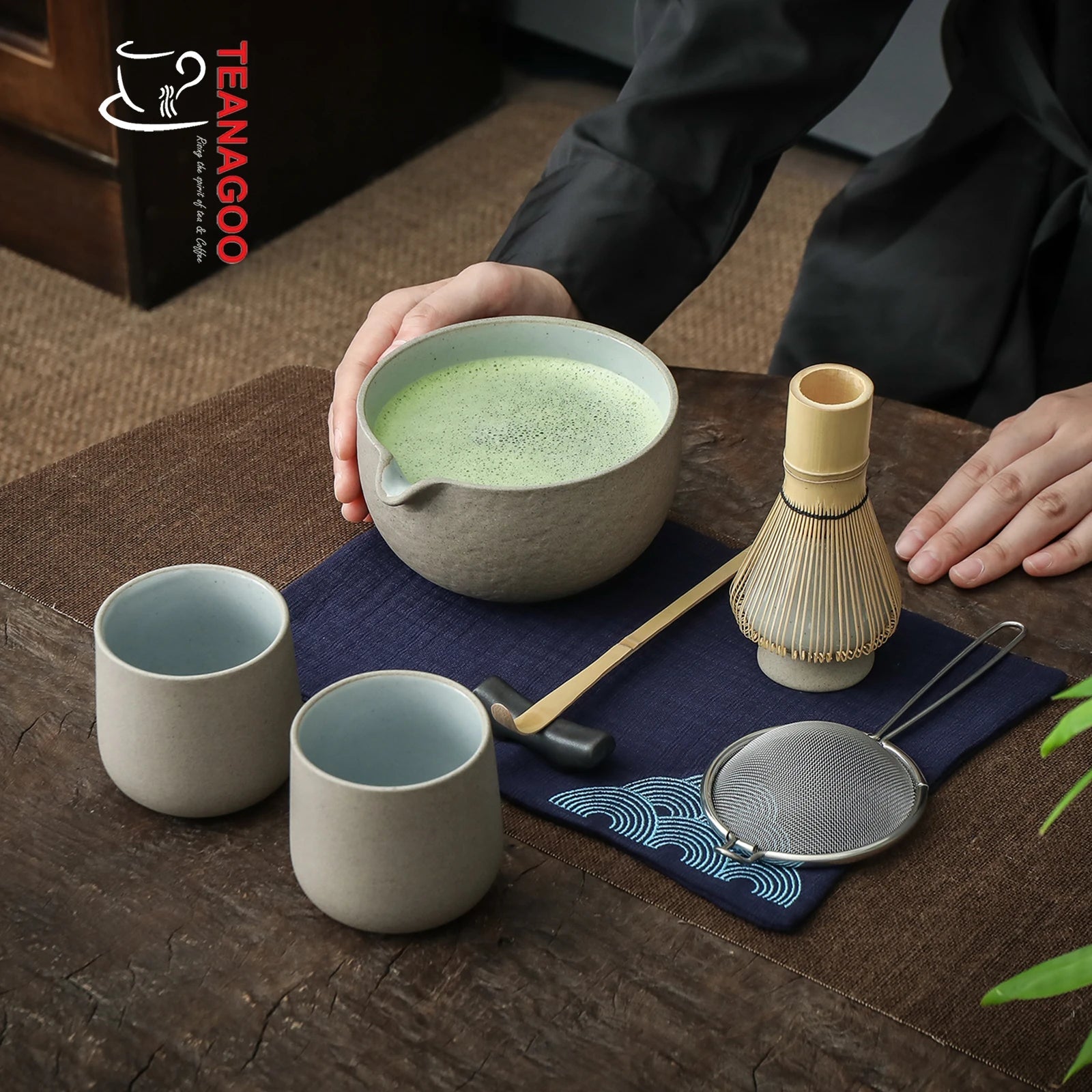 Japanese Matcha Ceremony Set 10pcs, Tea Bowl Whisk Set+2Cups |TEANAGOO Dk.Grey