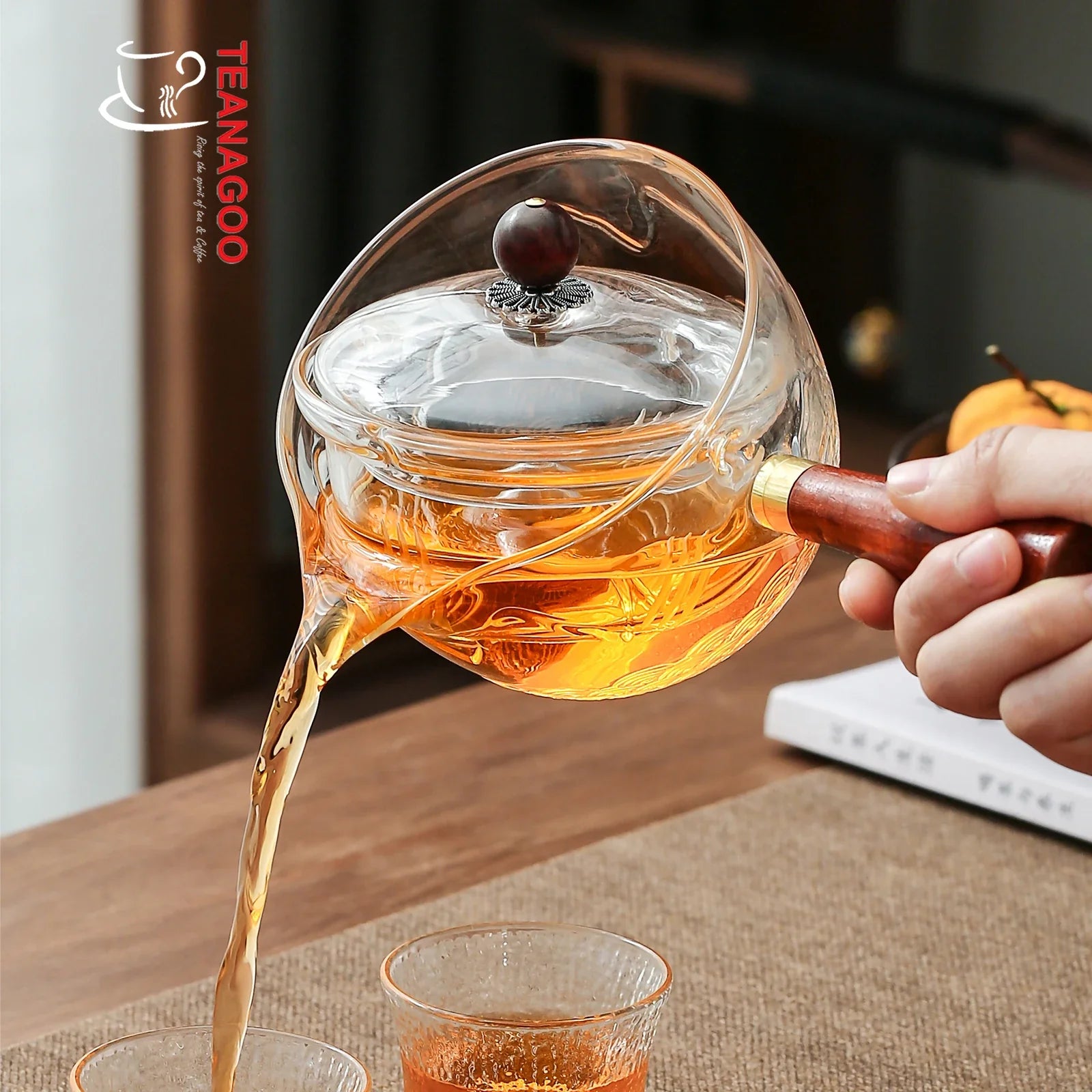Glass Teapot with Infuser and Rosewood Handle 275ml Safe on Stove for Blooming and Loose Leaf Tea Maker